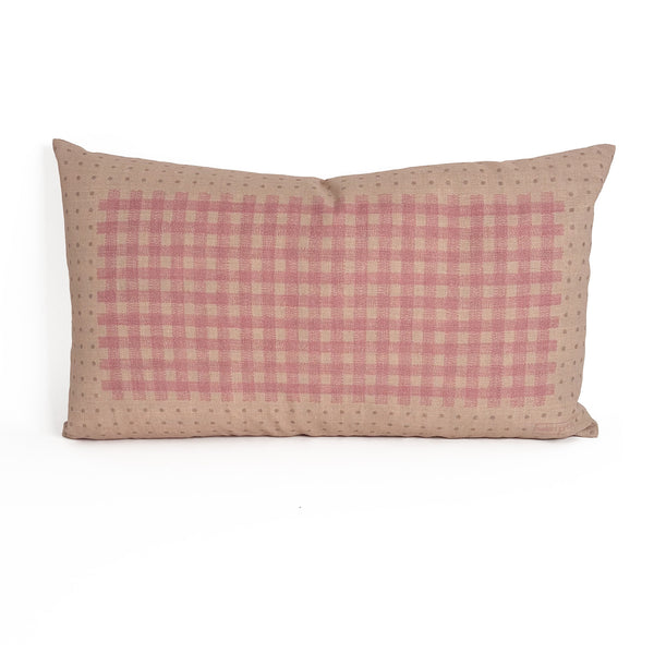 Dot Gingham Pillow 24"x14" Natural Linen/Caramel/Pink