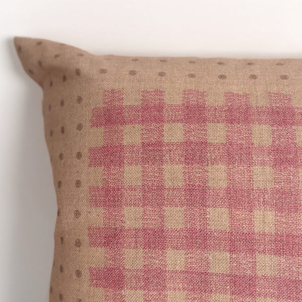 Dot Gingham Pillow 24"x14" Natural Linen/Caramel/Pink