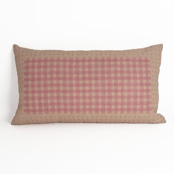 Dot Gingham Pillow 24"x14" Natural Linen/Caramel/Pink