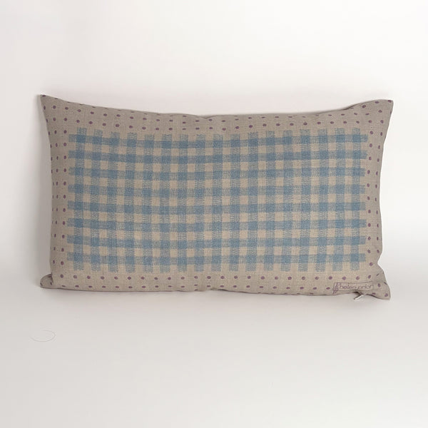 Dot Gingham Pillow 12"x20" Natural Linen/ Powder Blue/Mauve