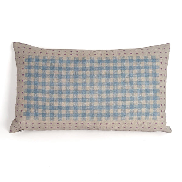 Dot Gingham Pillow 12"x20" Natural Linen/ Powder Blue/Mauve