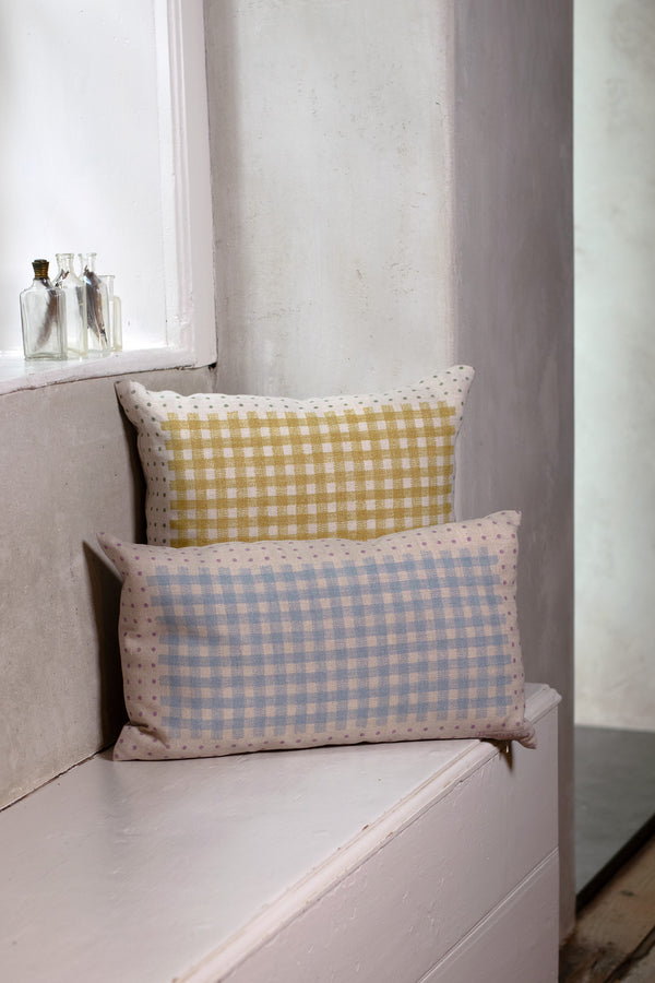 Dot Gingham Pillow 12"x20" Natural Linen/ Powder Blue/Mauve