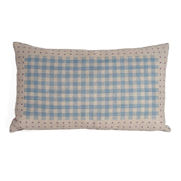 Dot Gingham Pillow 12"x20" Natural Linen/ Powder Blue/Mauve