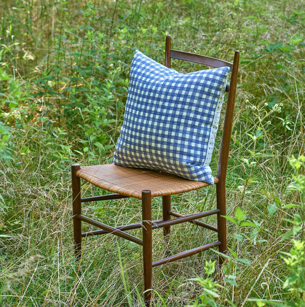 Dot Gingham Reversible Linen Pillow Cobalt 18x18